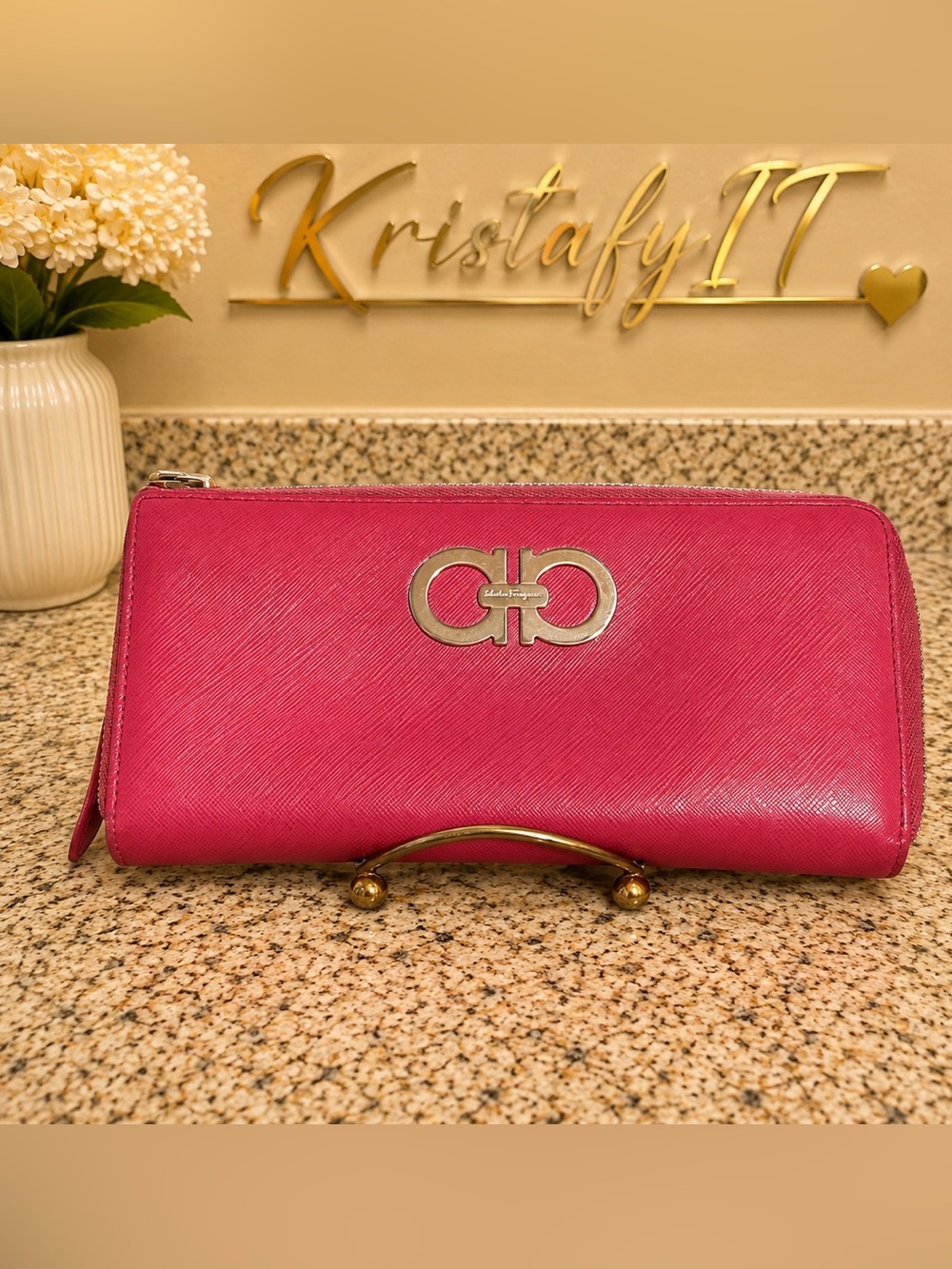 Salvatore Ferragamo Pink Saffiano Leather Gancini Zip Around Wallet